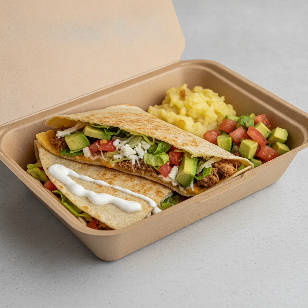Quesadilla Box — Carnitas with Mashed Potato / Avocado Salad Quesadilla Box — Carnitas with Mashed Potato / Avocado Salad