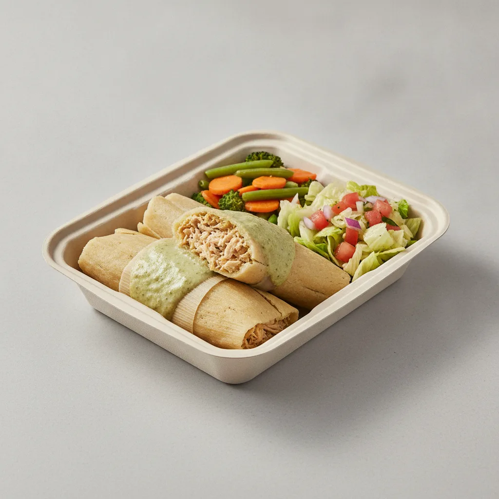 Tamales Box — Chicken Green Salsa — Steamed Veggies / Mexican Salad Tamales Box — Chicken Green Salsa — Steamed Veggies / Mexican Salad