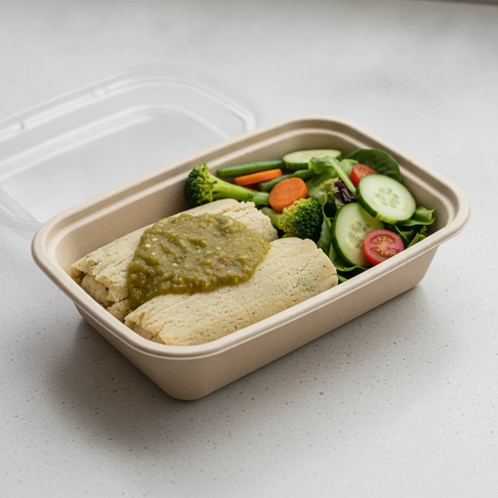 Tamales Box — Chicken Green Salsa — Steamed Veggies / Green Salad Tamales Box — Chicken Green Salsa — Steamed Veggies / Green Salad