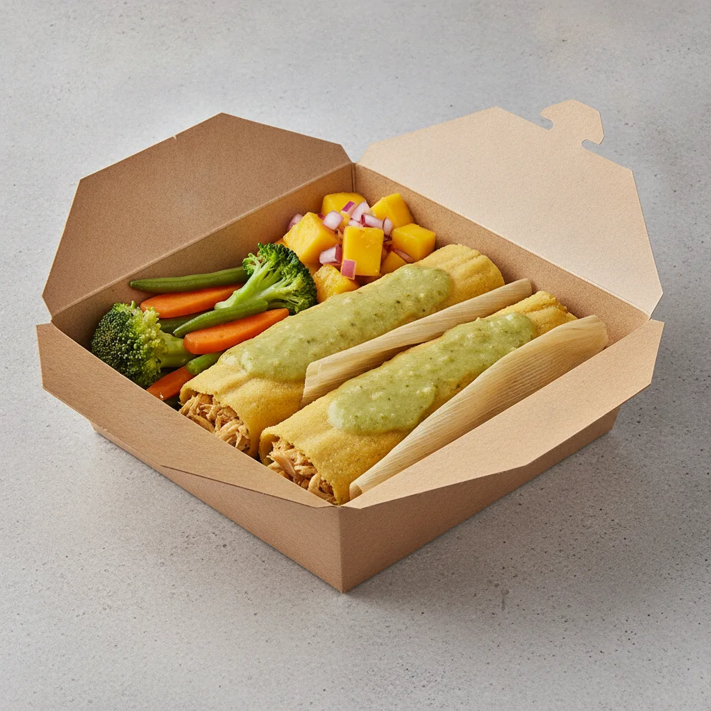Tamales Box — Chicken Green Salsa — Steamed Veggies / Mango Salad Tamales Box — Chicken Green Salsa — Steamed Veggies / Mango Salad
