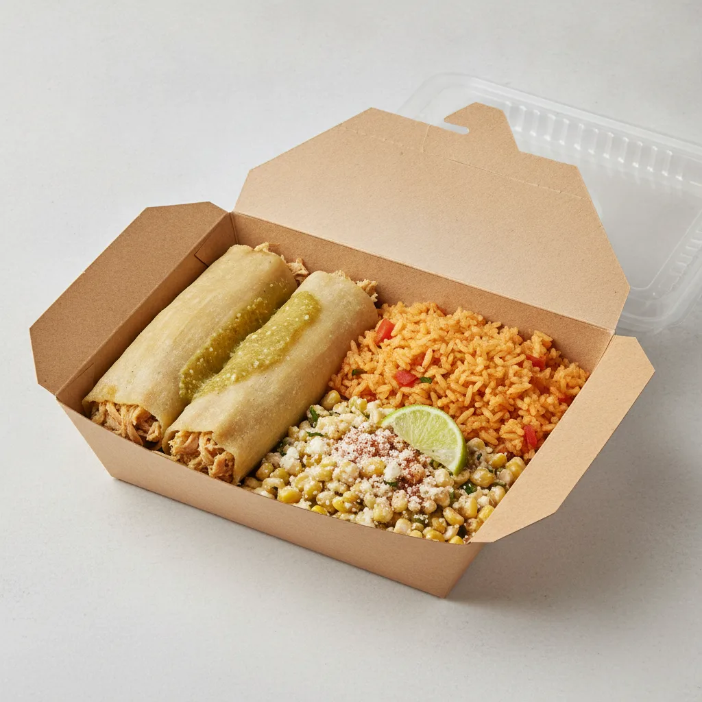 Tamales Box — Chicken Green Salsa — Mexican Rice / Street Corn Salad Tamales Box — Chicken Green Salsa — Mexican Rice / Street Corn Salad