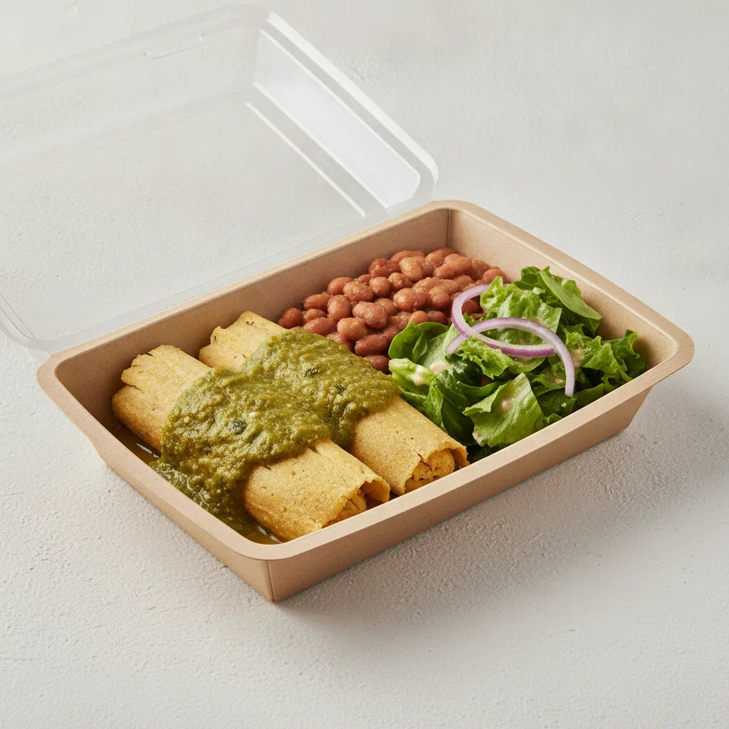 Tamales Box — Chicken Green Salsa — Pinto Beans / Green Salad Tamales Box — Chicken Green Salsa — Pinto Beans / Green Salad