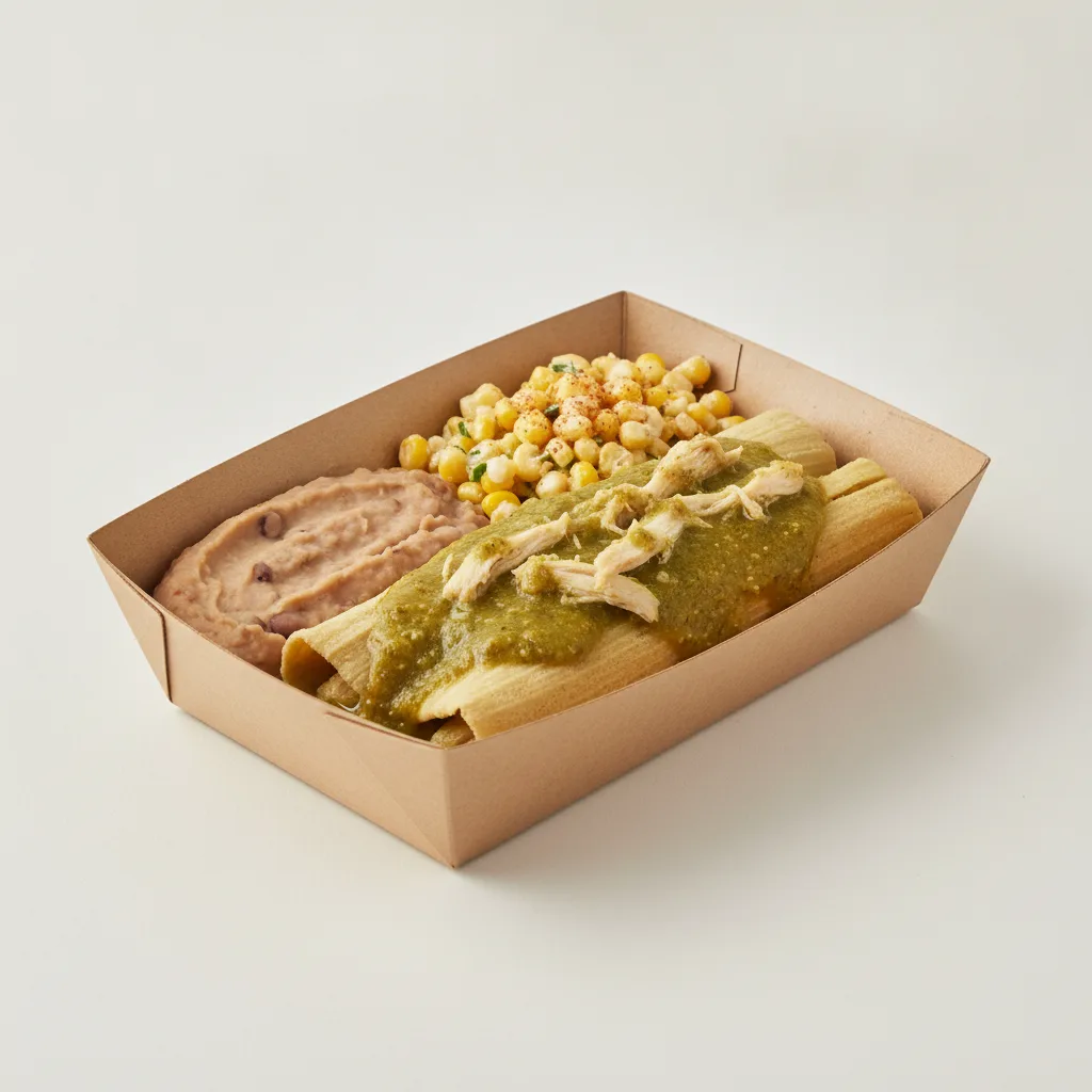Tamales Box — Chicken Green Salsa with Refried Beans / Street Corn Salad Tamales Box — Chicken Green Salsa with Refried Beans / Street Corn Salad