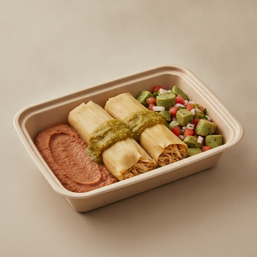 Tamales Box — Chicken Green Salsa with Refried Beans / Nopalitos Salad Tamales Box — Chicken Green Salsa with Refried Beans / Nopalitos Salad