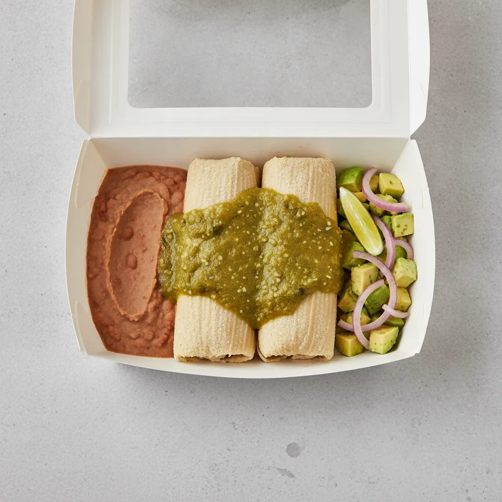 Tamales Box — Chicken Green Salsa with Refried Beans / Avocado Salad Tamales Box — Chicken Green Salsa with Refried Beans / Avocado Salad