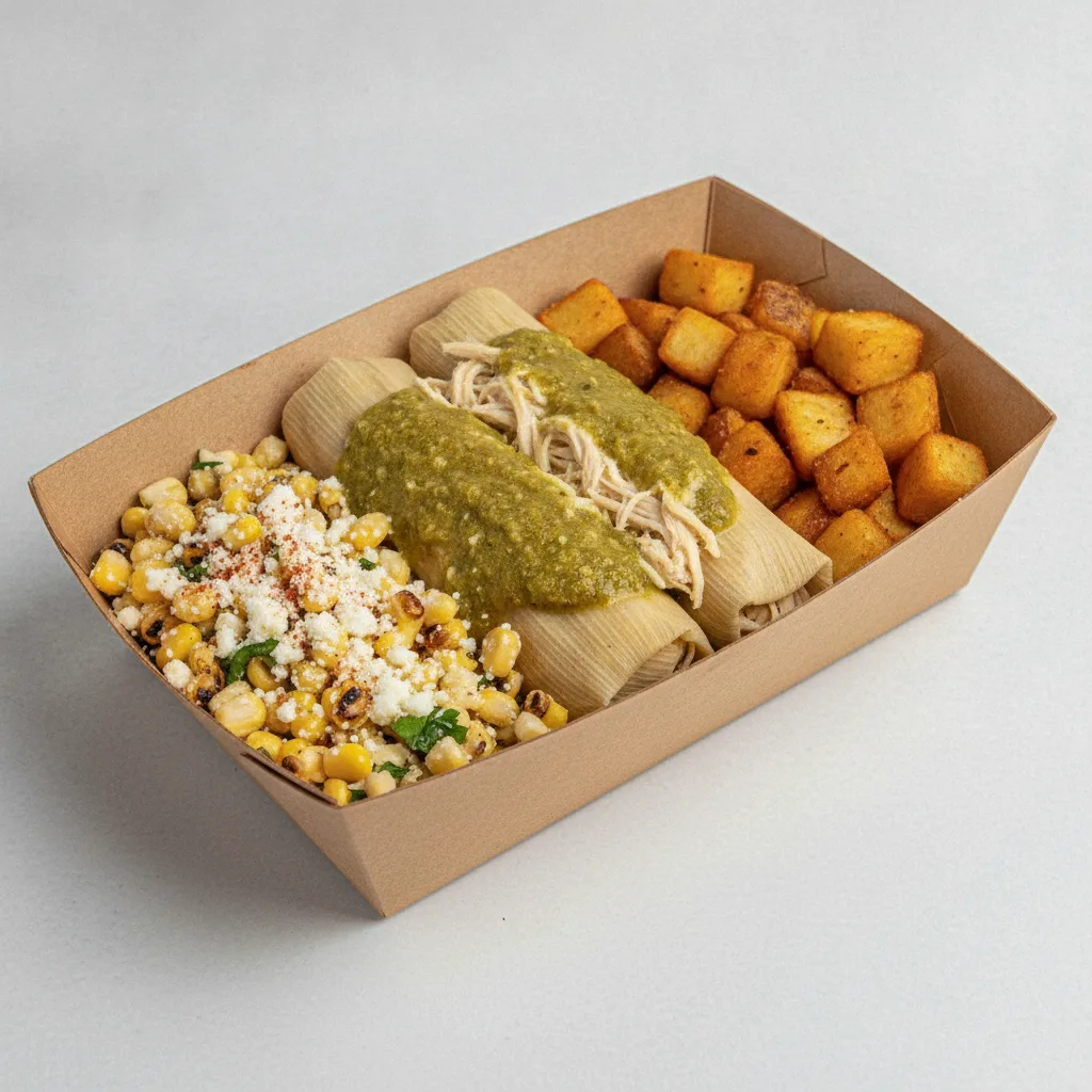 Tamales Box — Chicken Green Salsa with Home Fries / Street Corn Salad Tamales Box — Chicken Green Salsa with Home Fries / Street Corn Salad