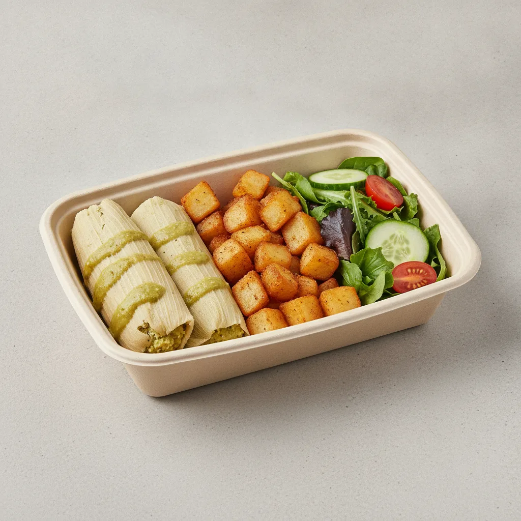 Tamales Box — Chicken Green Salsa with Home Fries / Green Salad Tamales Box — Chicken Green Salsa with Home Fries / Green Salad