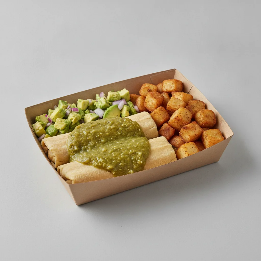 Tamales Box — Chicken Green Salsa with Home Fries / Avocado Salad Tamales Box — Chicken Green Salsa with Home Fries / Avocado Salad