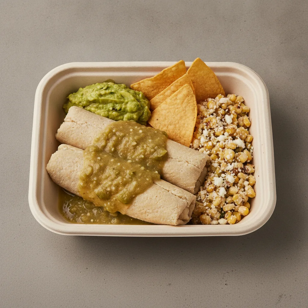 Tamales Box — Chicken Green Salsa with Guacamole and Chips / Street Corn Salad Tamales Box — Chicken Green Salsa with Guacamole and Chips / Street Corn Salad