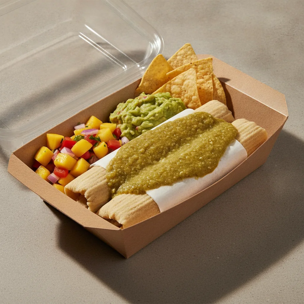Tamales Box — Chicken Green Salsa with Guacamole and Chips / Mango Salad Tamales Box — Chicken Green Salsa with Guacamole and Chips / Mango Salad