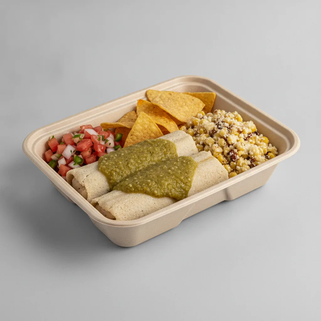 Tamales Box — Chicken Green Salsa with Pico and Chips / Street Corn Salad Tamales Box — Chicken Green Salsa with Pico and Chips / Street Corn Salad