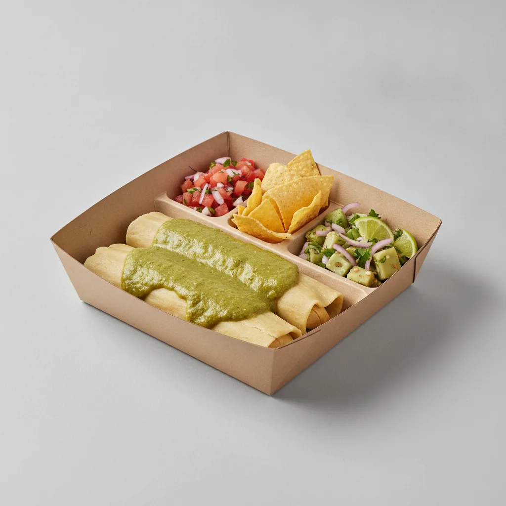 Tamales Box — Chicken Green Salsa with Pico and Chips / Nopalitos Salad Tamales Box — Chicken Green Salsa with Pico and Chips / Nopalitos Salad