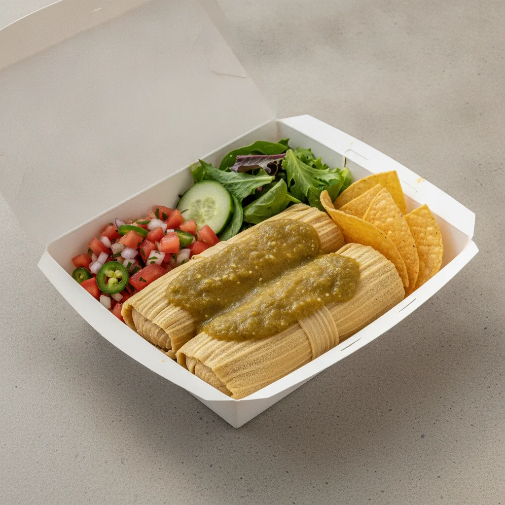Tamales Box — Chicken Green Salsa with Pico and Chips / Green Salad Tamales Box — Chicken Green Salsa with Pico and Chips / Green Salad