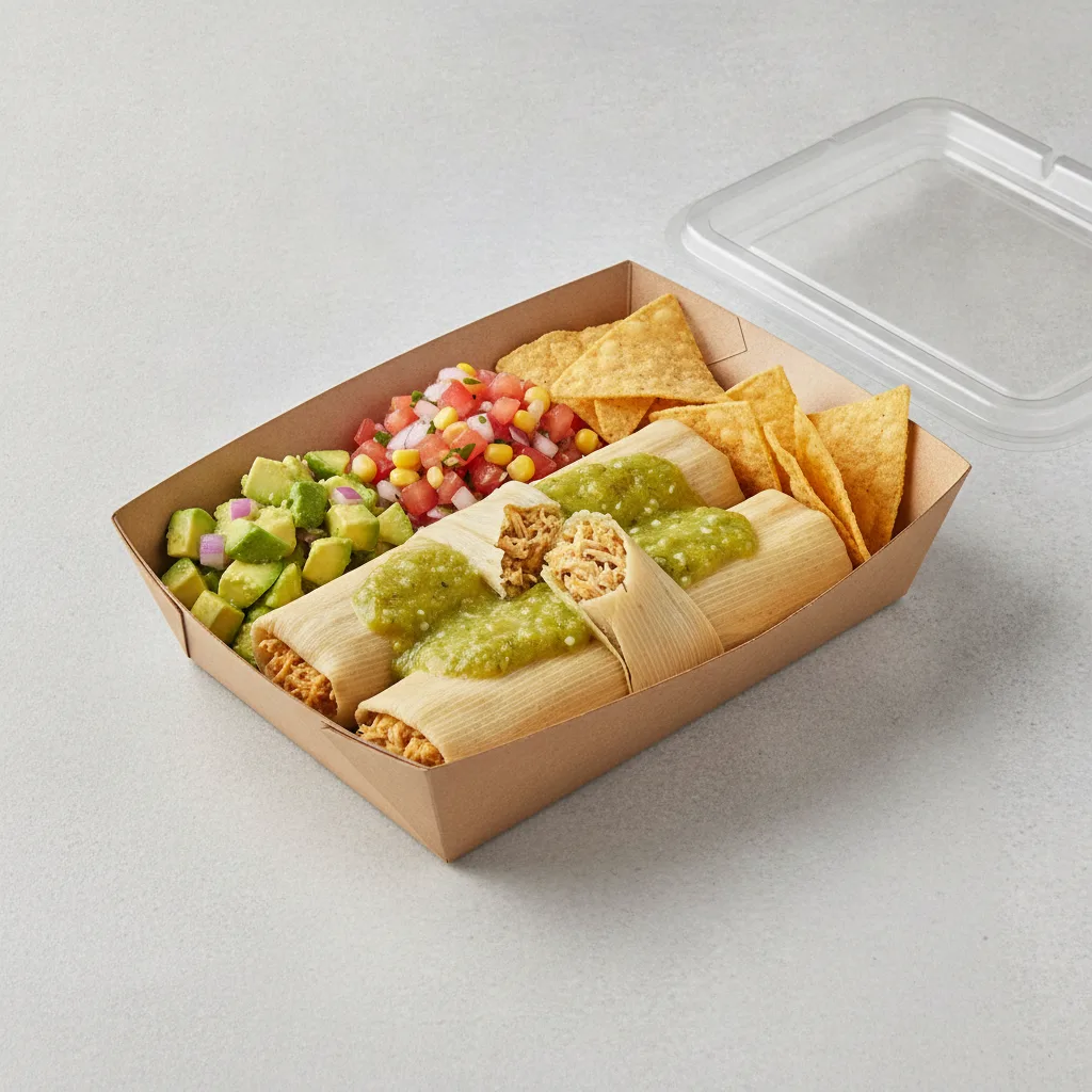 Tamales Box — Chicken Green Salsa with Pico and Chips / Avocado Salad Tamales Box — Chicken Green Salsa with Pico and Chips / Avocado Salad