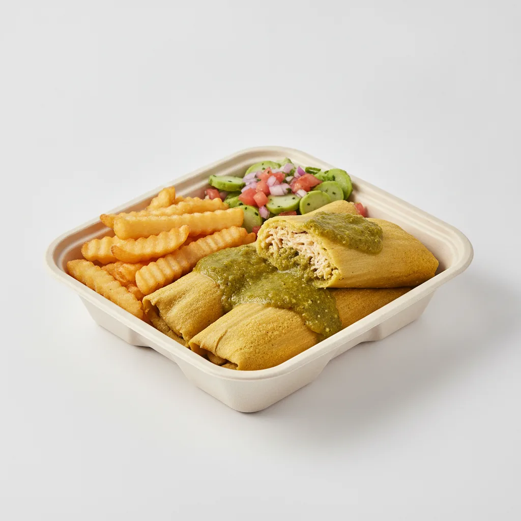 Tamales Box — Chicken Green Salsa with French Fries / Nopalitos Salad Tamales Box — Chicken Green Salsa with French Fries / Nopalitos Salad