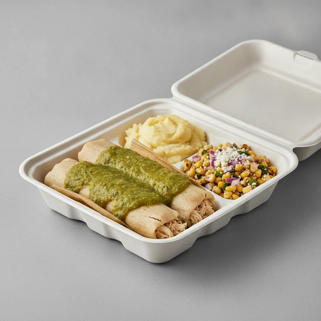 Tamales Box — Chicken Green Salsa with Mashed Potato / Street Corn Salad Tamales Box — Chicken Green Salsa with Mashed Potato / Street Corn Salad