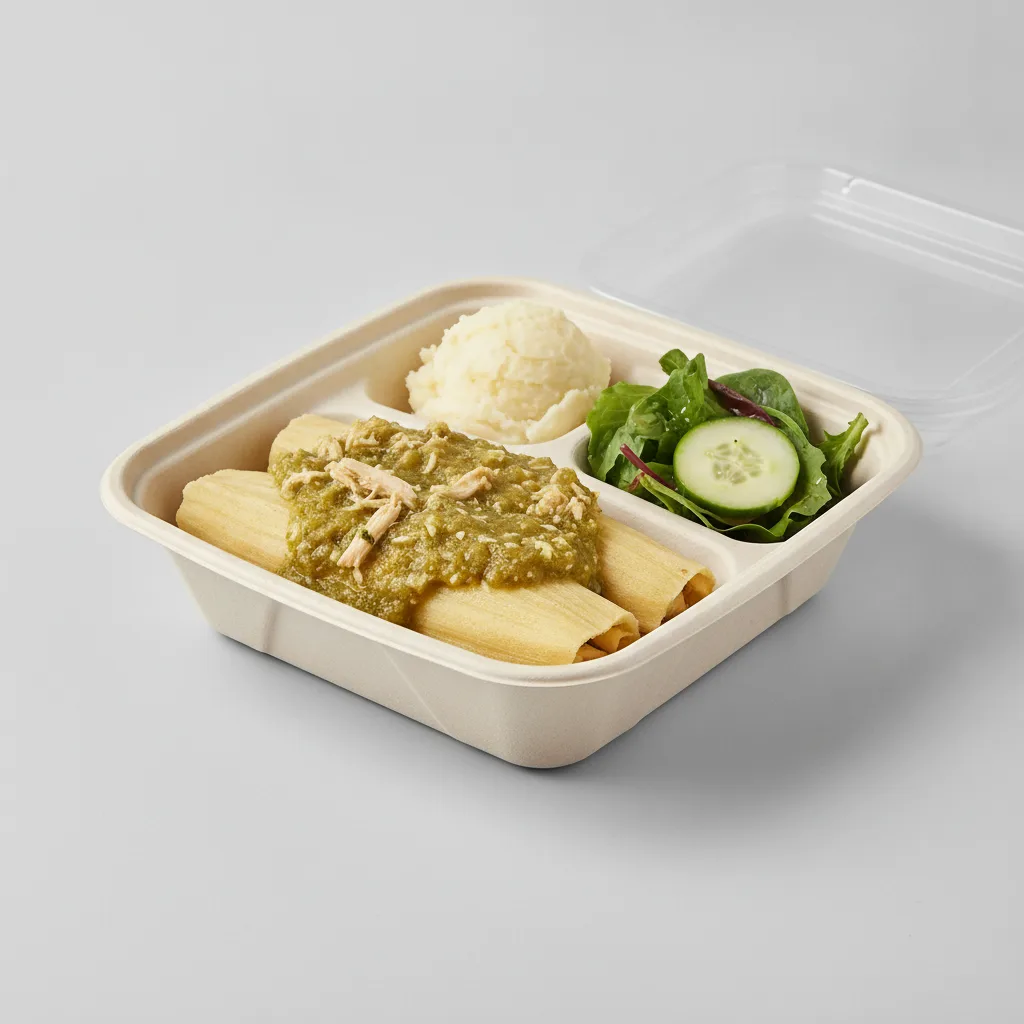 Tamales Box — Chicken Green Salsa with Mashed Potato / Green Salad Tamales Box — Chicken Green Salsa with Mashed Potato / Green Salad