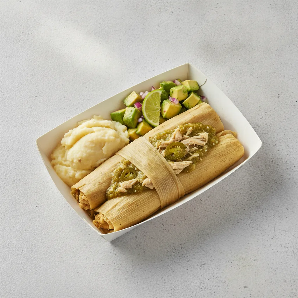 Tamales Box — Chicken Green Salsa with Mashed Potato / Avocado Salad Tamales Box — Chicken Green Salsa with Mashed Potato / Avocado Salad