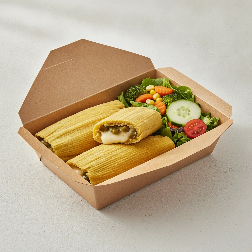 Tamales Box — Cheese w/ Rajas — Steamed Veggies / Green Salad Tamales Box — Cheese w/ Rajas — Steamed Veggies / Green Salad