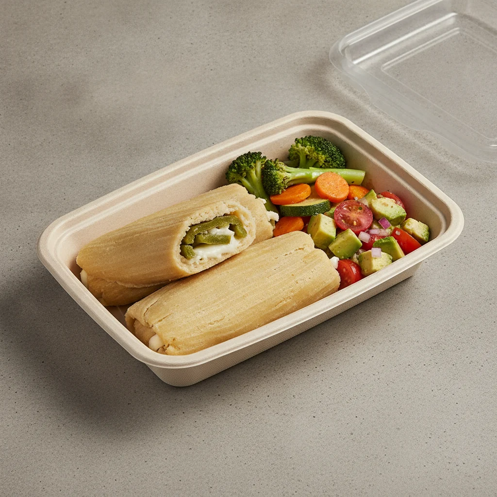Tamales Box — Cheese w/ Rajas — Steamed Veggies / Avocado Salad Tamales Box — Cheese w/ Rajas — Steamed Veggies / Avocado Salad