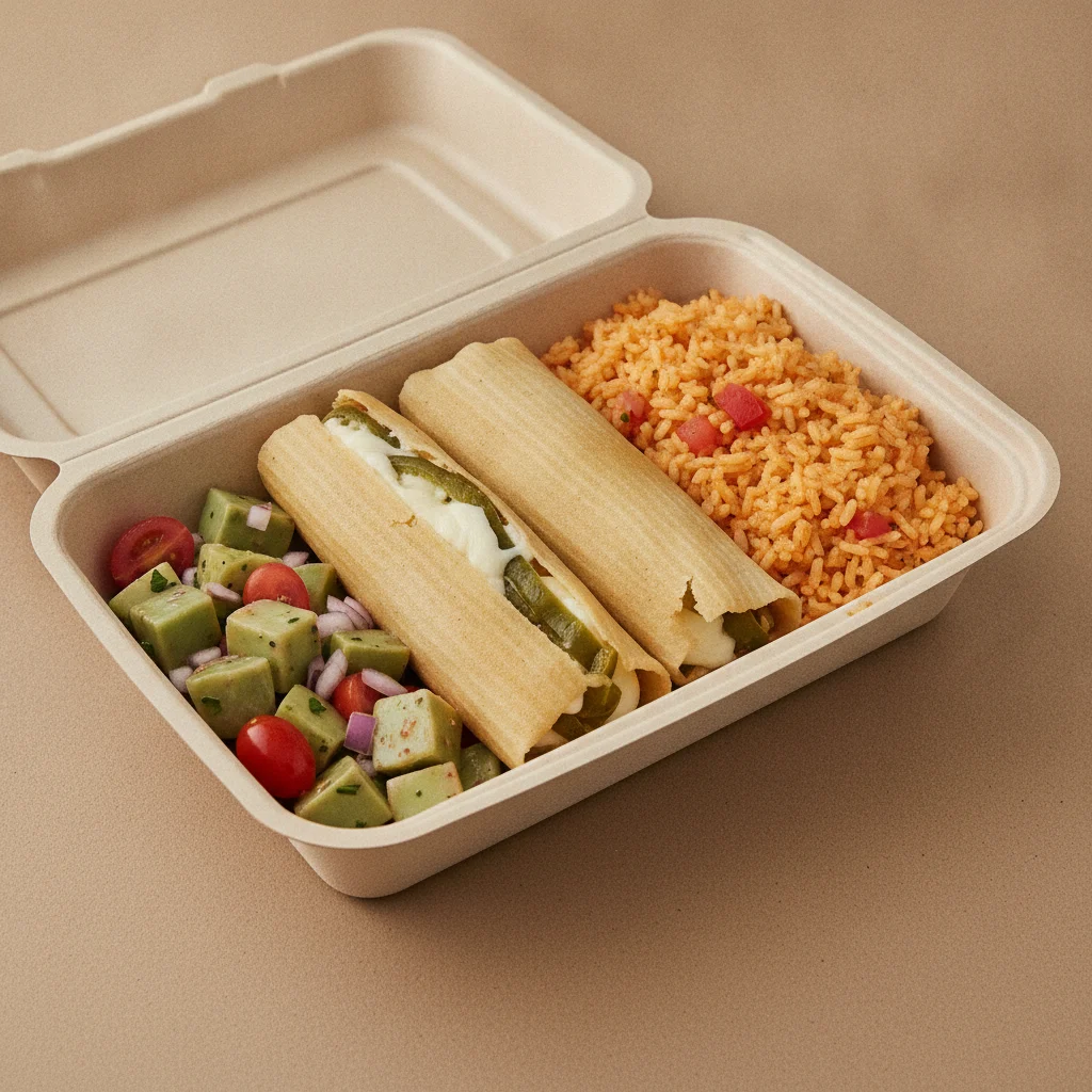 Tamales Box — Cheese w/ Rajas — Mexican Rice / Nopalitos Salad Tamales Box — Cheese w/ Rajas — Mexican Rice / Nopalitos Salad