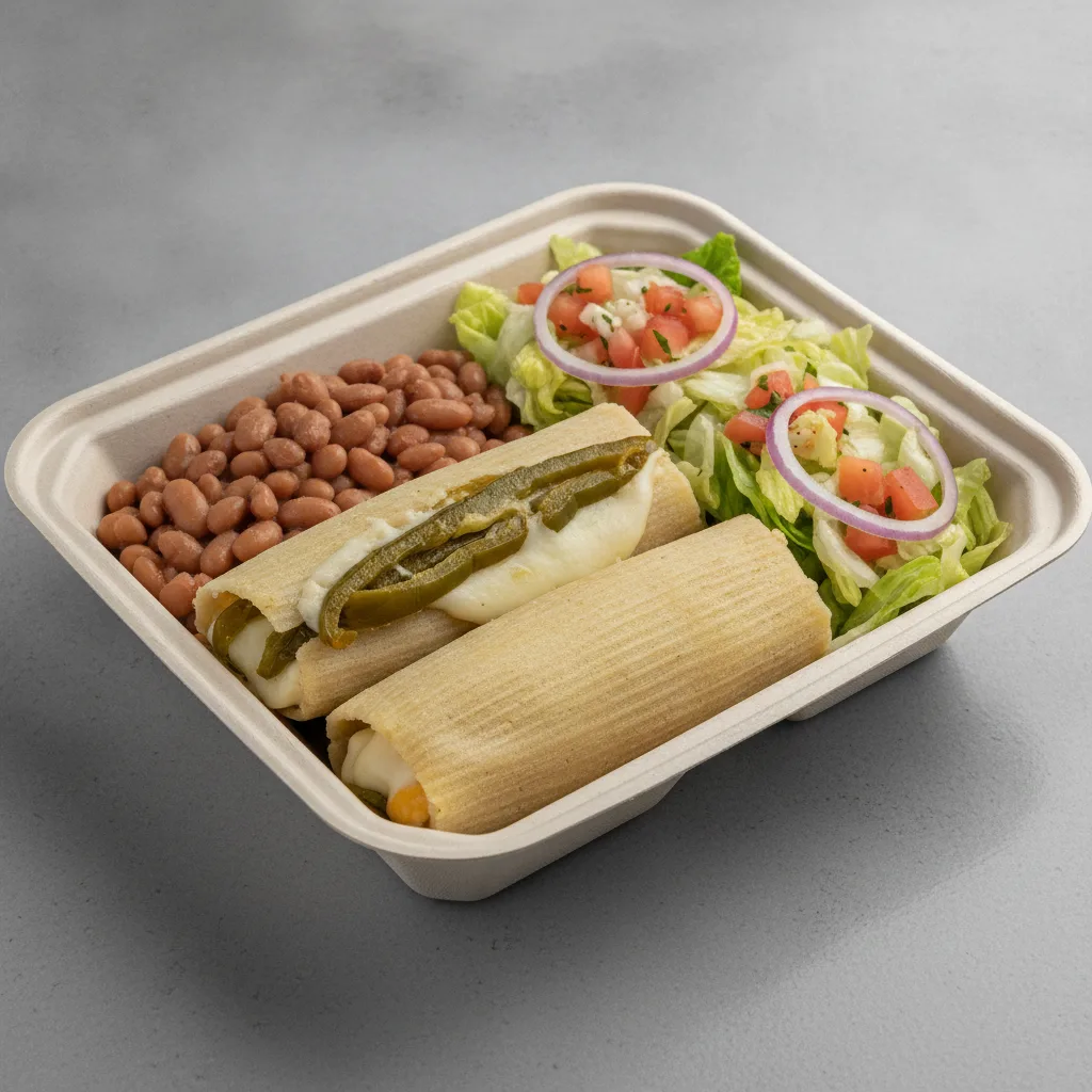 Tamales Box — Cheese w/ Rajas — Pinto Beans / Mexican Salad Tamales Box — Cheese w/ Rajas — Pinto Beans / Mexican Salad