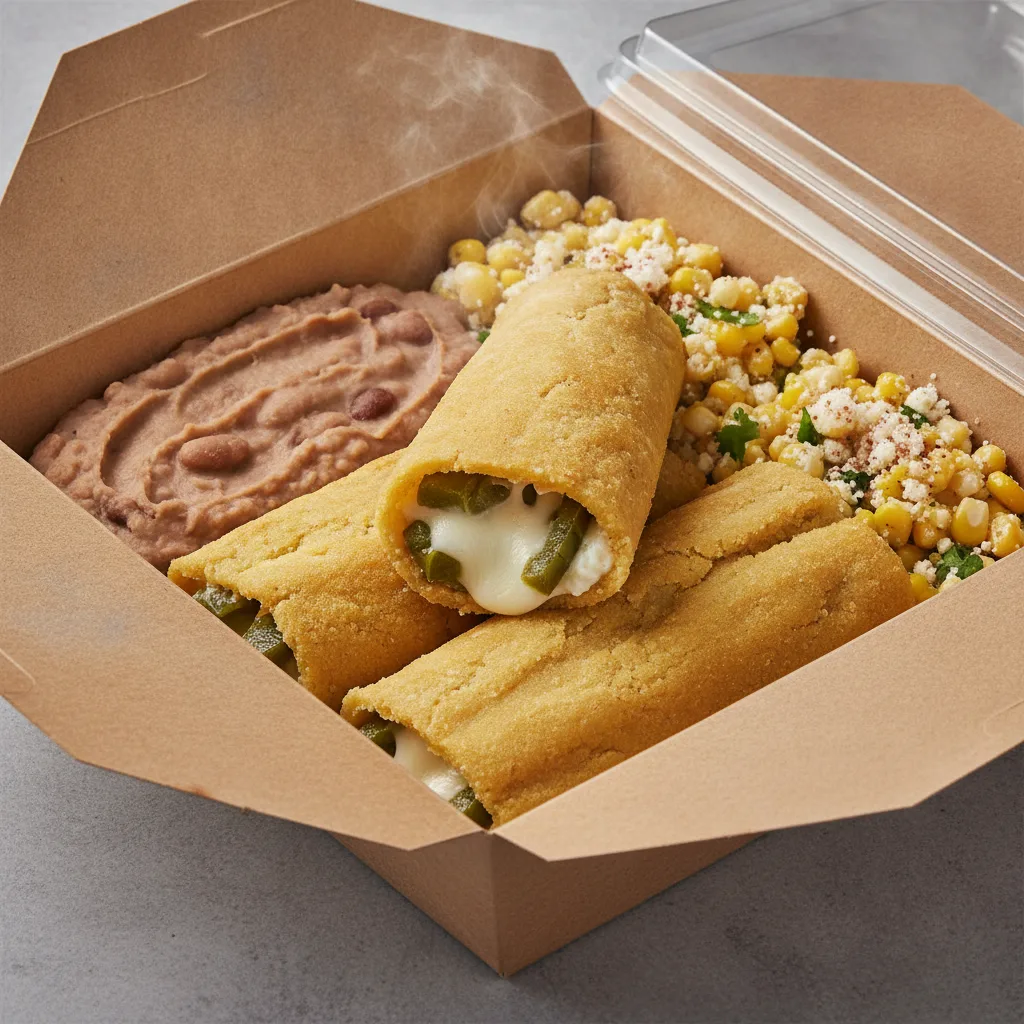 Tamales Box — Cheese w/ Rajas with Refried Beans / Street Corn Salad Tamales Box — Cheese w/ Rajas with Refried Beans / Street Corn Salad