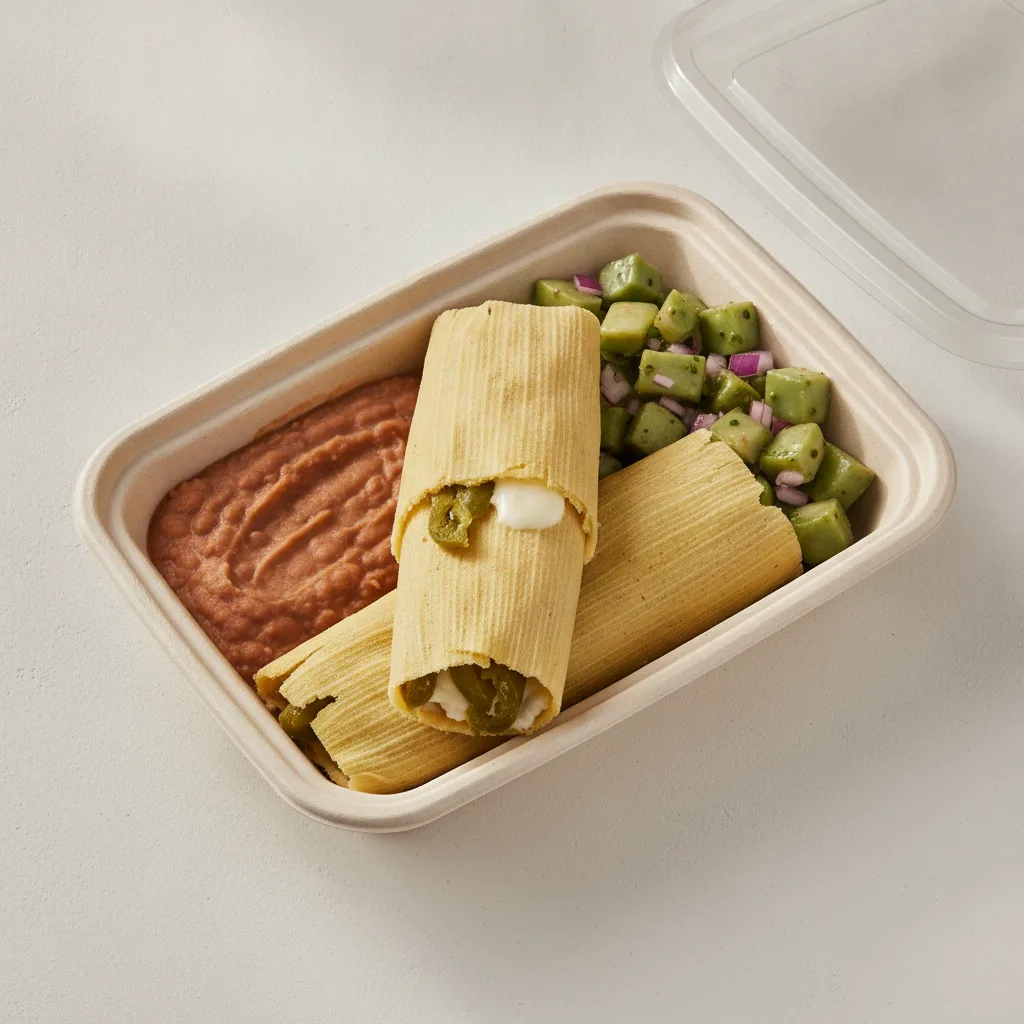 Tamales Box — Cheese w/ Rajas with Refried Beans / Nopalitos Salad Tamales Box — Cheese w/ Rajas with Refried Beans / Nopalitos Salad