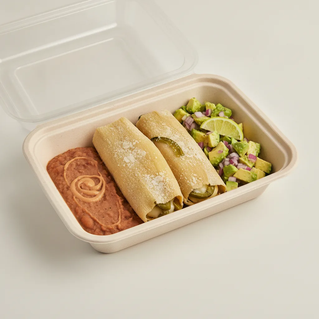 Tamales Box — Cheese w/ Rajas with Refried Beans / Avocado Salad Tamales Box — Cheese w/ Rajas with Refried Beans / Avocado Salad