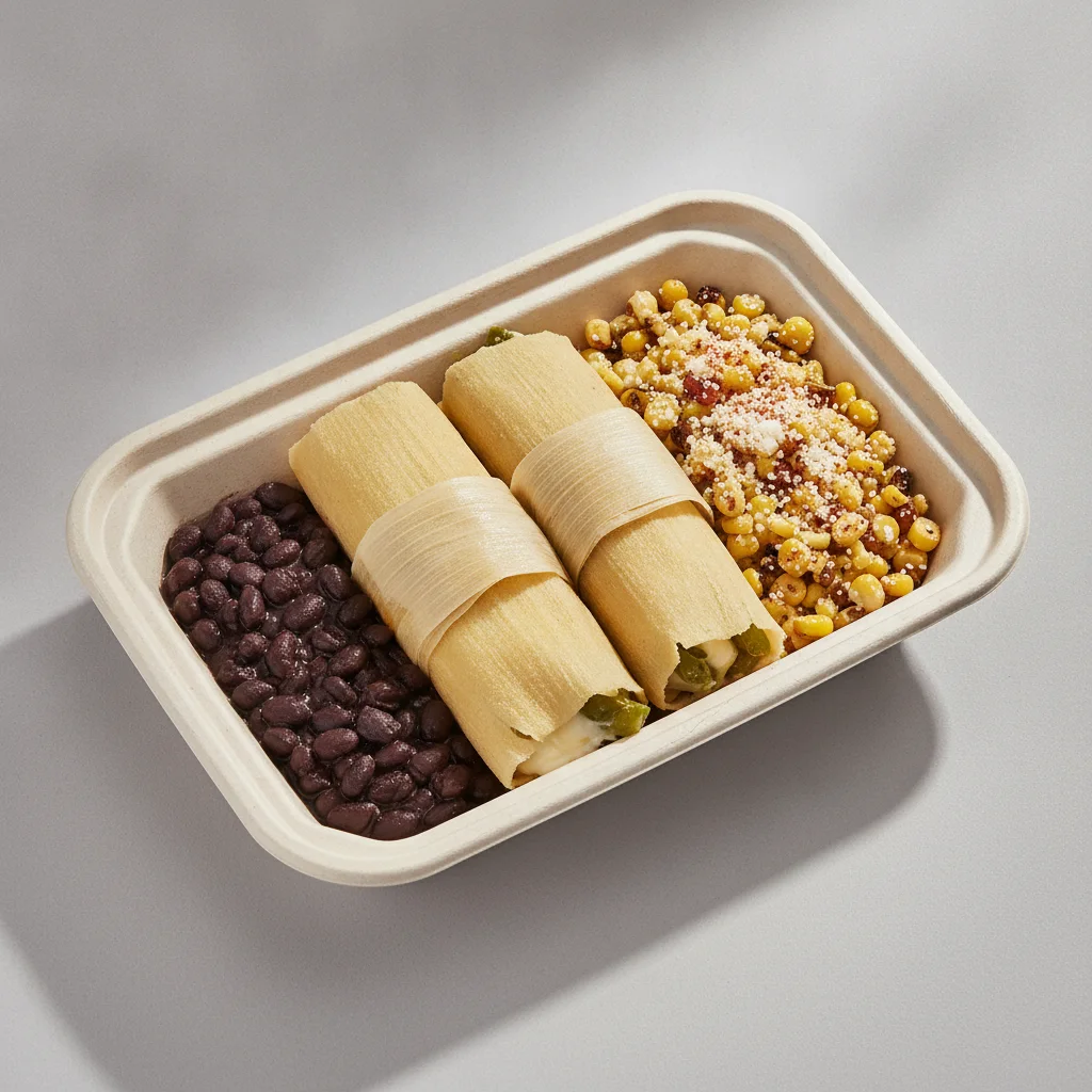 Tamales Box — Cheese w/ Rajas with Black Beans / Street Corn Salad Tamales Box — Cheese w/ Rajas with Black Beans / Street Corn Salad