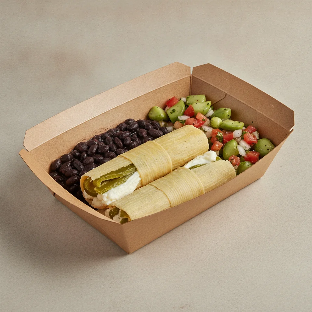 Tamales Box — Cheese w/ Rajas with Black Beans / Nopalitos Salad Tamales Box — Cheese w/ Rajas with Black Beans / Nopalitos Salad