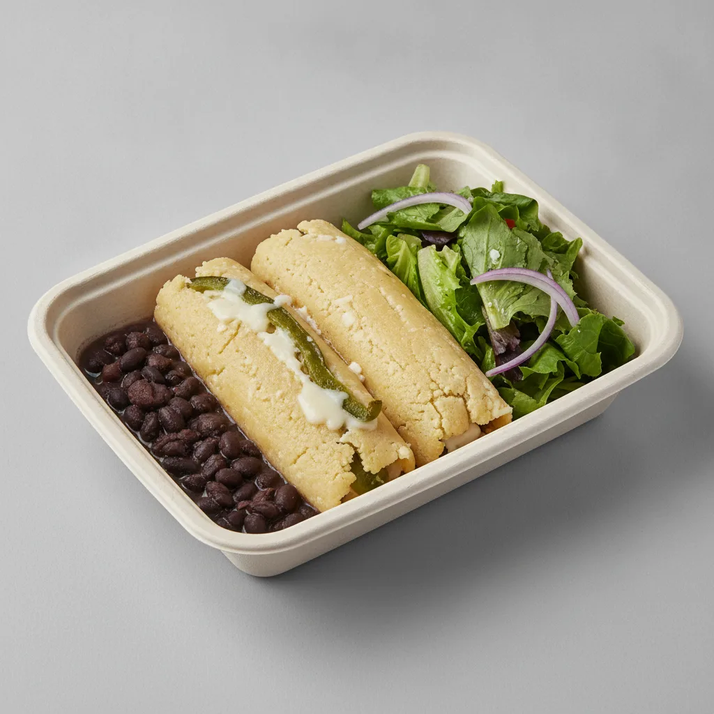 Tamales Box — Cheese w/ Rajas with Black Beans / Green Salad Tamales Box — Cheese w/ Rajas with Black Beans / Green Salad