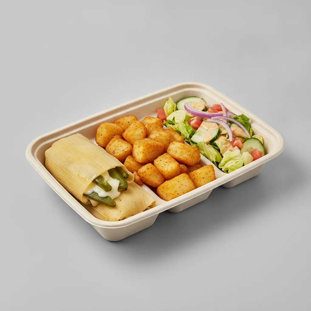 Tamales Box — Cheese w/ Rajas with Home Fries / Mexican Salad Tamales Box — Cheese w/ Rajas with Home Fries / Mexican Salad