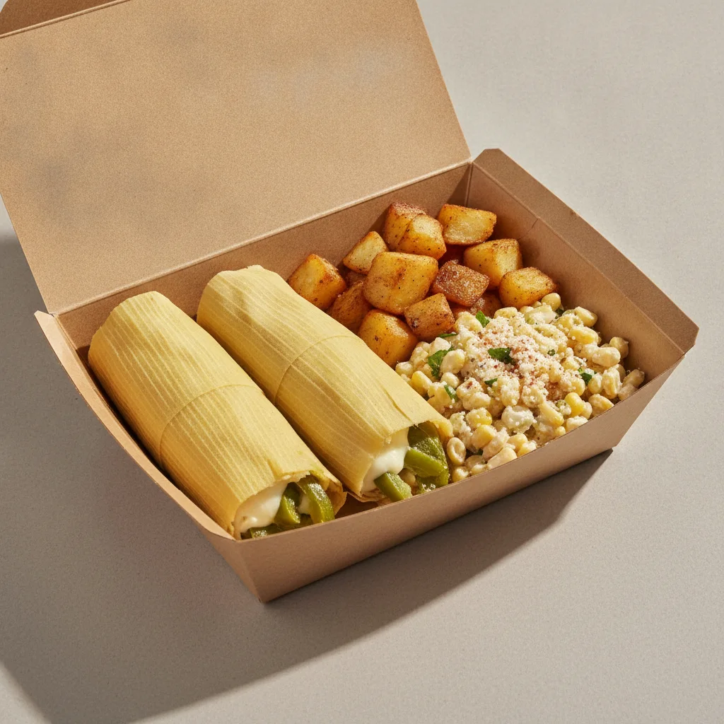 Tamales Box — Cheese w/ Rajas with Home Fries / Street Corn Salad Tamales Box — Cheese w/ Rajas with Home Fries / Street Corn Salad