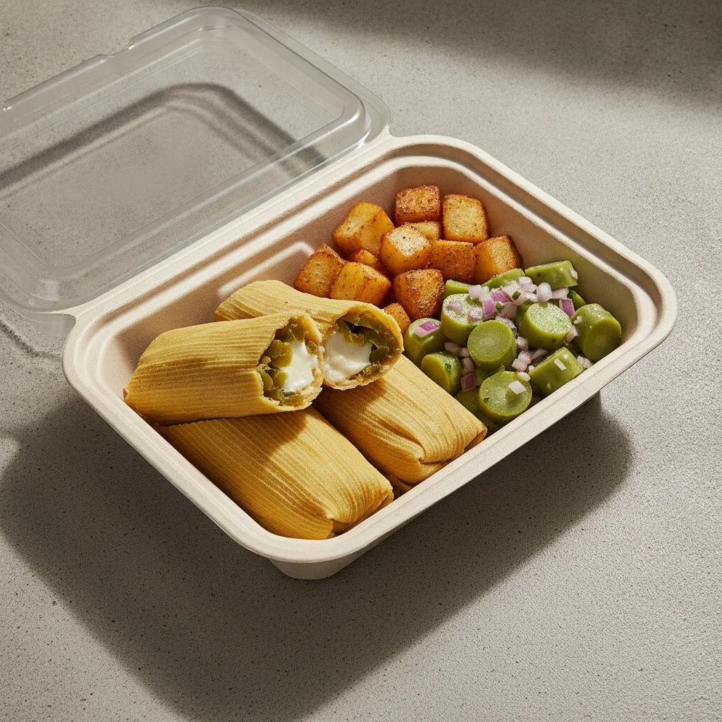 Tamales Box — Cheese w/ Rajas with Home Fries / Nopalitos Salad Tamales Box — Cheese w/ Rajas with Home Fries / Nopalitos Salad