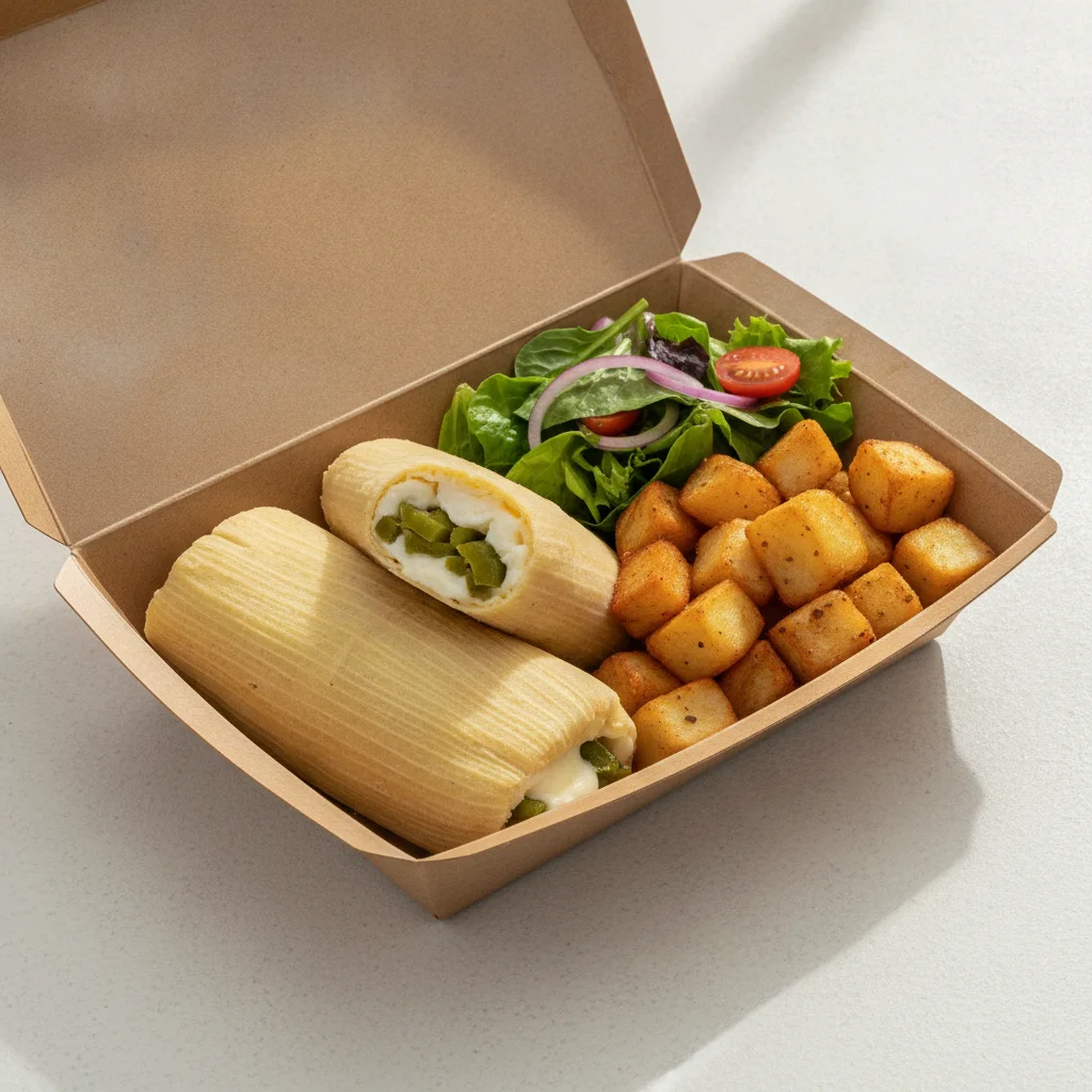 Tamales Box — Cheese w/ Rajas with Home Fries / Green Salad Tamales Box — Cheese w/ Rajas with Home Fries / Green Salad