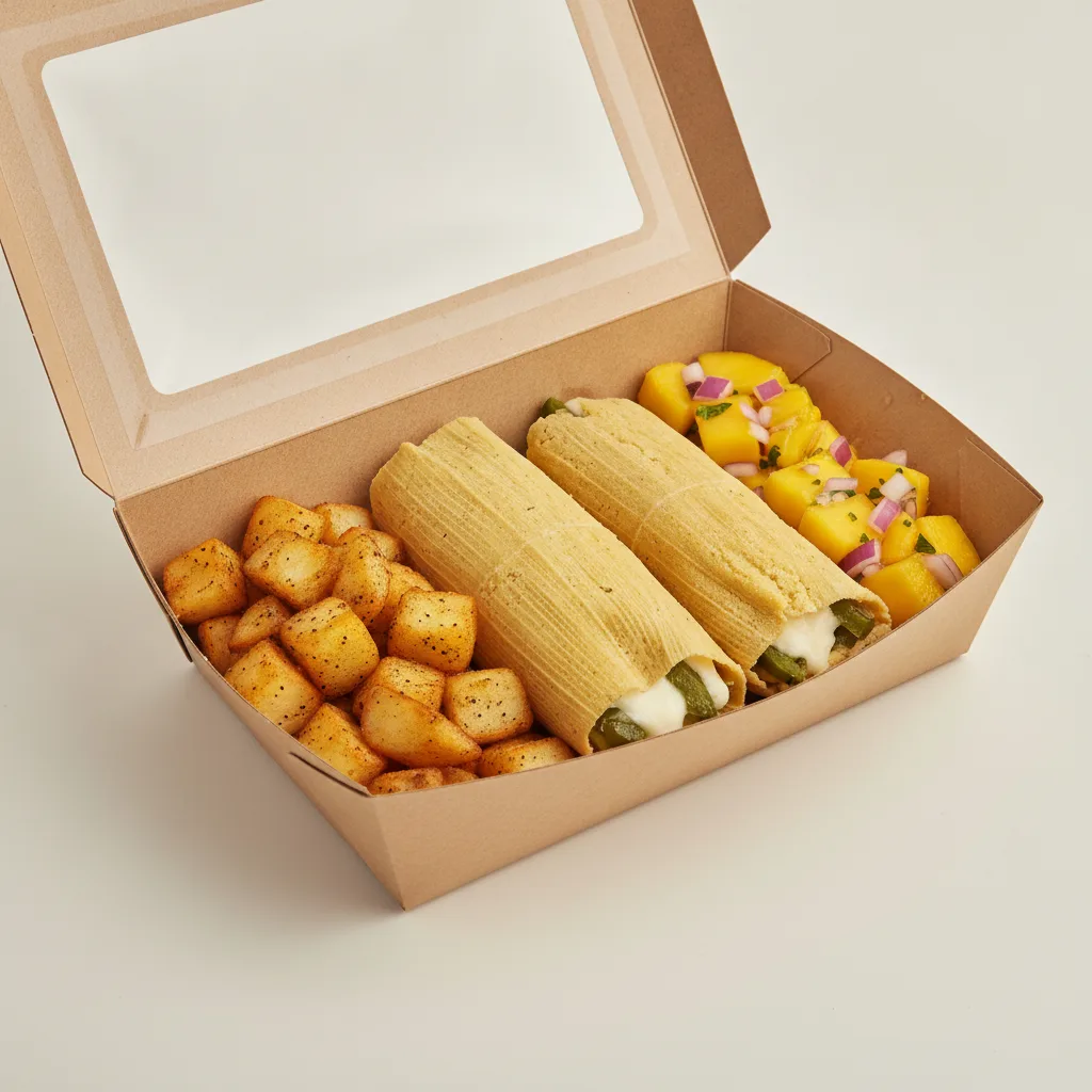 Tamales Box — Cheese w/ Rajas with Home Fries / Mango Salad Tamales Box — Cheese w/ Rajas with Home Fries / Mango Salad