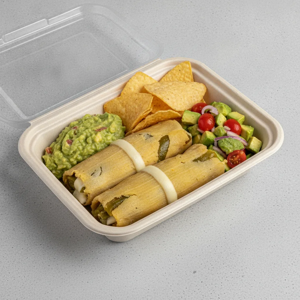Tamales Box — Cheese w/ Rajas with Guacamole and Chips / Avocado Salad Tamales Box — Cheese w/ Rajas with Guacamole and Chips / Avocado Salad