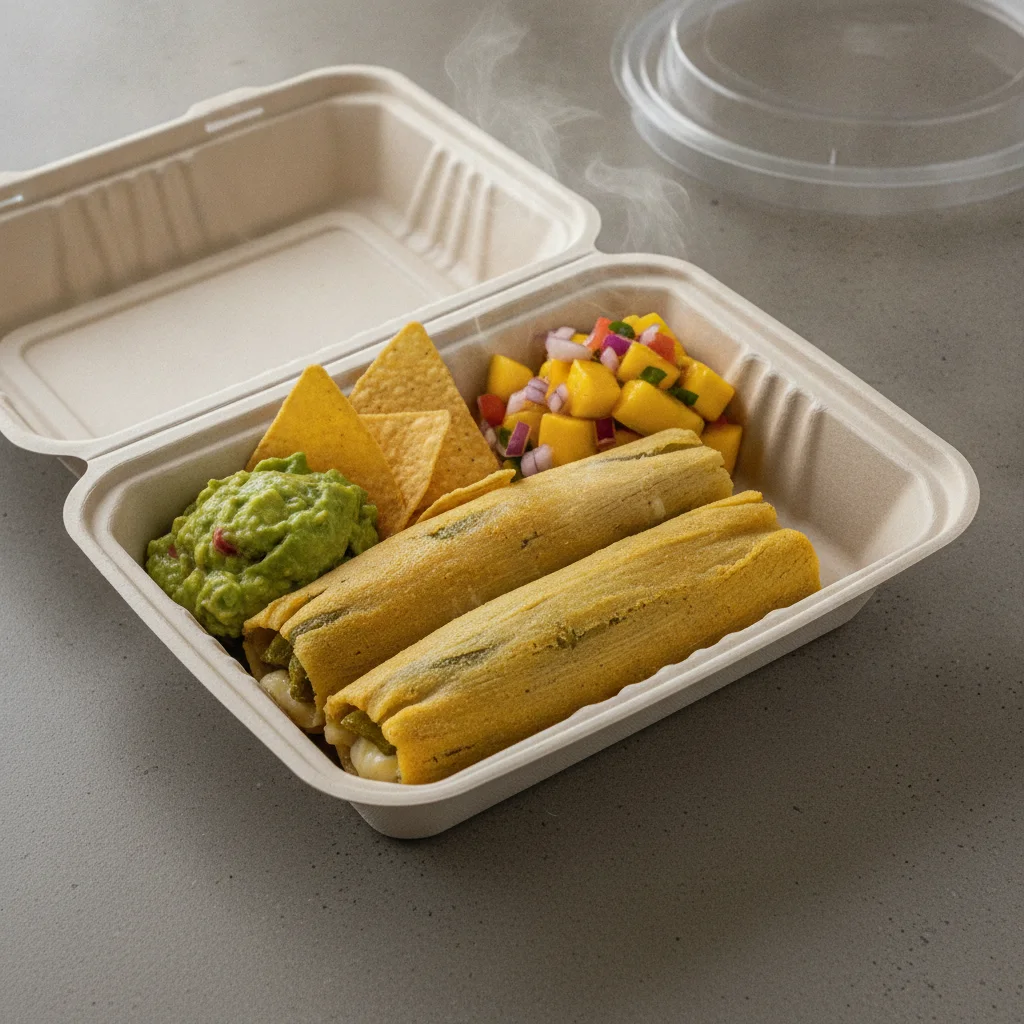 Tamales Box — Cheese w/ Rajas with Guacamole and Chips / Mango Salad Tamales Box — Cheese w/ Rajas with Guacamole and Chips / Mango Salad