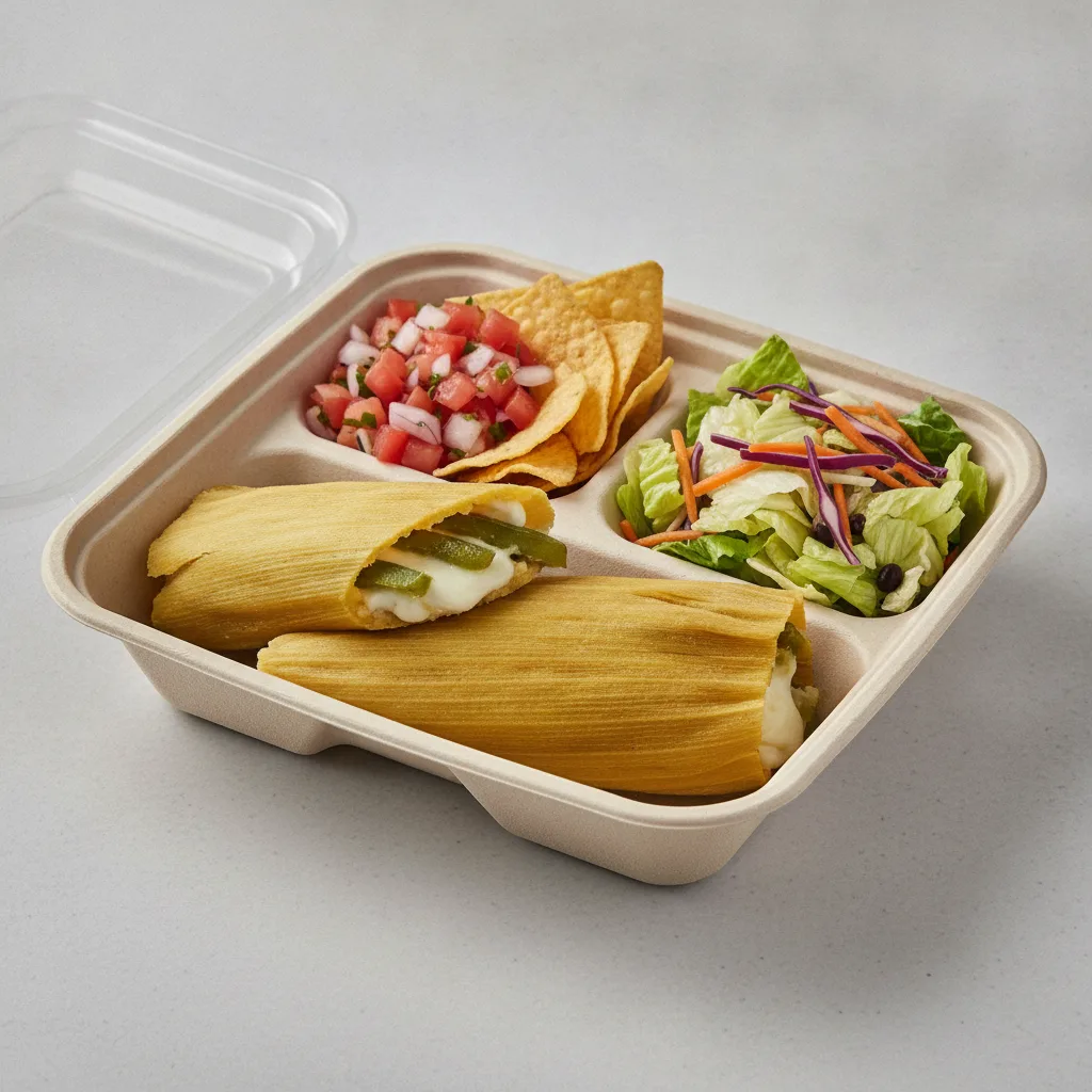 Tamales Box — Cheese w/ Rajas with Pico and Chips / Mexican Salad Tamales Box — Cheese w/ Rajas with Pico and Chips / Mexican Salad