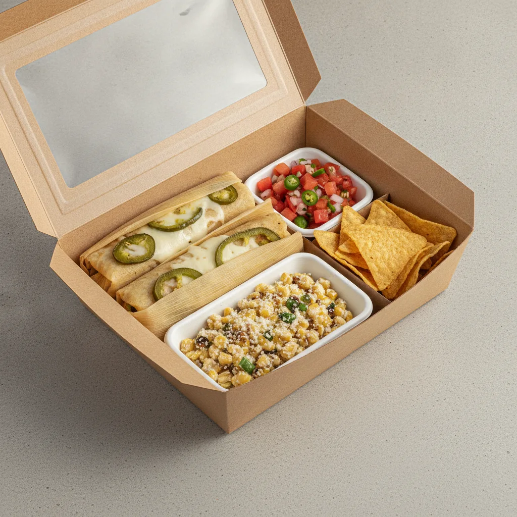 Tamales Box — Cheese w/ Rajas with Pico and Chips / Street Corn Salad Tamales Box — Cheese w/ Rajas with Pico and Chips / Street Corn Salad