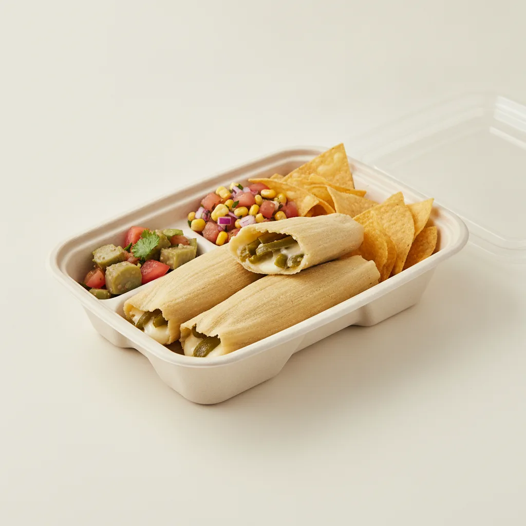 Tamales Box — Cheese w/ Rajas with Pico and Chips / Nopalitos Salad Tamales Box — Cheese w/ Rajas with Pico and Chips / Nopalitos Salad