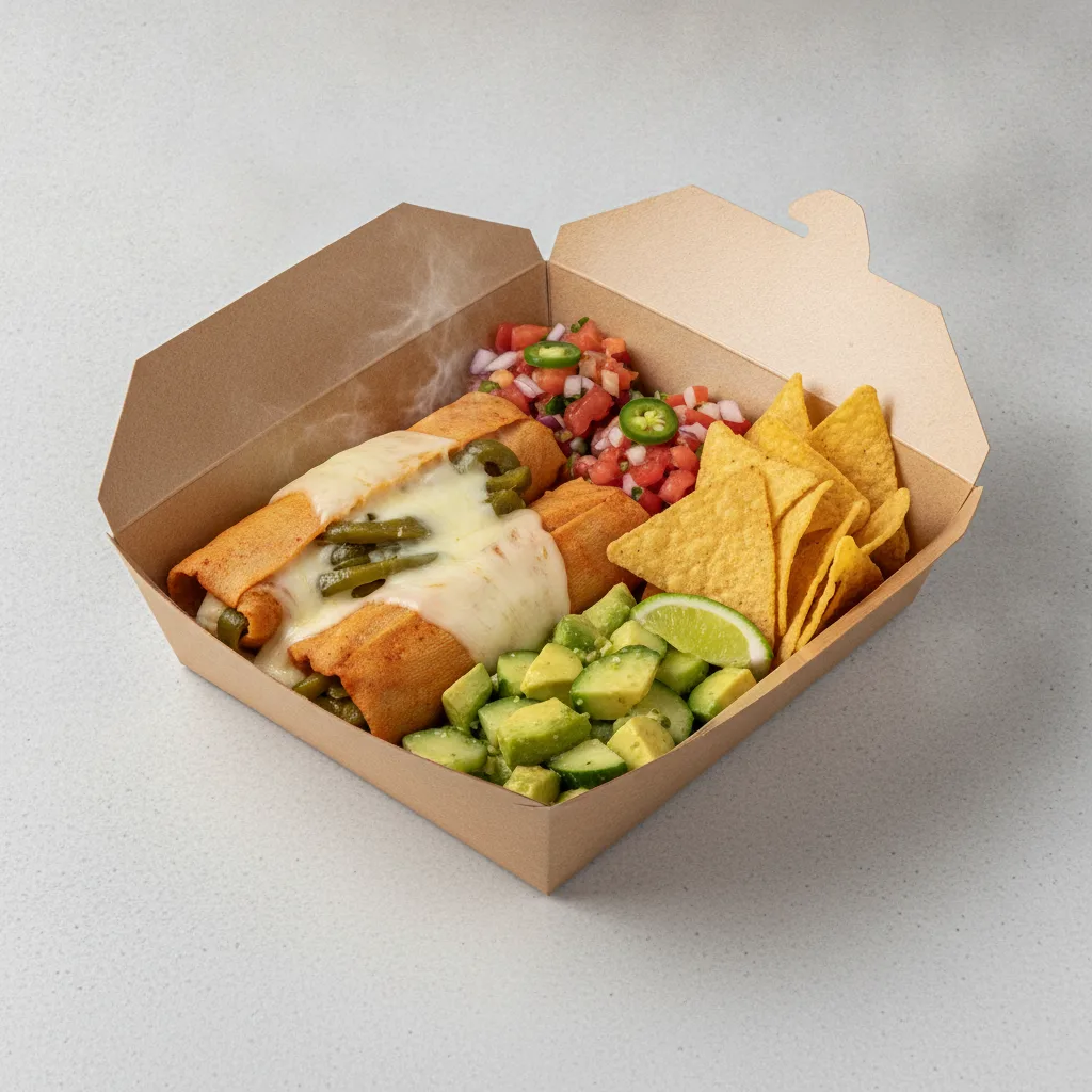 Tamales Box — Cheese w/ Rajas with Pico and Chips / Avocado Salad Tamales Box — Cheese w/ Rajas with Pico and Chips / Avocado Salad