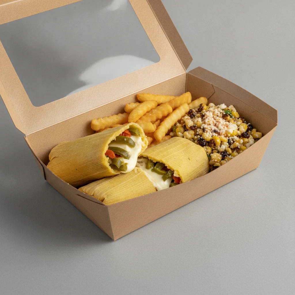 Tamales Box — Cheese w/ Rajas with French Fries / Street Corn Salad Tamales Box — Cheese w/ Rajas with French Fries / Street Corn Salad