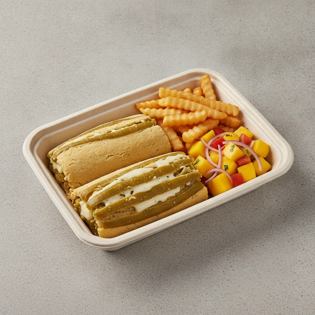 Tamales Box — Cheese w/ Rajas with French Fries / Mango Salad Tamales Box — Cheese w/ Rajas with French Fries / Mango Salad
