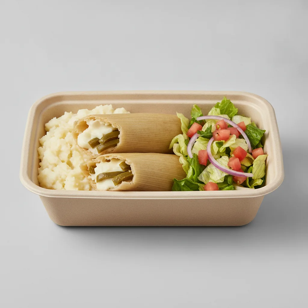 Tamales Box — Cheese w/ Rajas with Mashed Potato / Mexican Salad Tamales Box — Cheese w/ Rajas with Mashed Potato / Mexican Salad