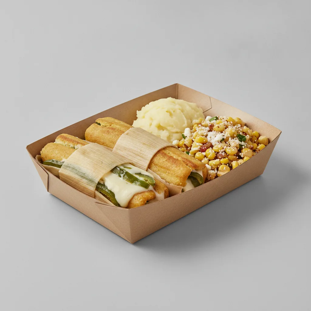 Tamales Box — Cheese w/ Rajas with Mashed Potato / Street Corn Salad Tamales Box — Cheese w/ Rajas with Mashed Potato / Street Corn Salad
