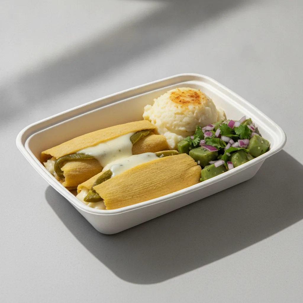 Tamales Box — Cheese w/ Rajas with Mashed Potato / Nopalitos Salad Tamales Box — Cheese w/ Rajas with Mashed Potato / Nopalitos Salad