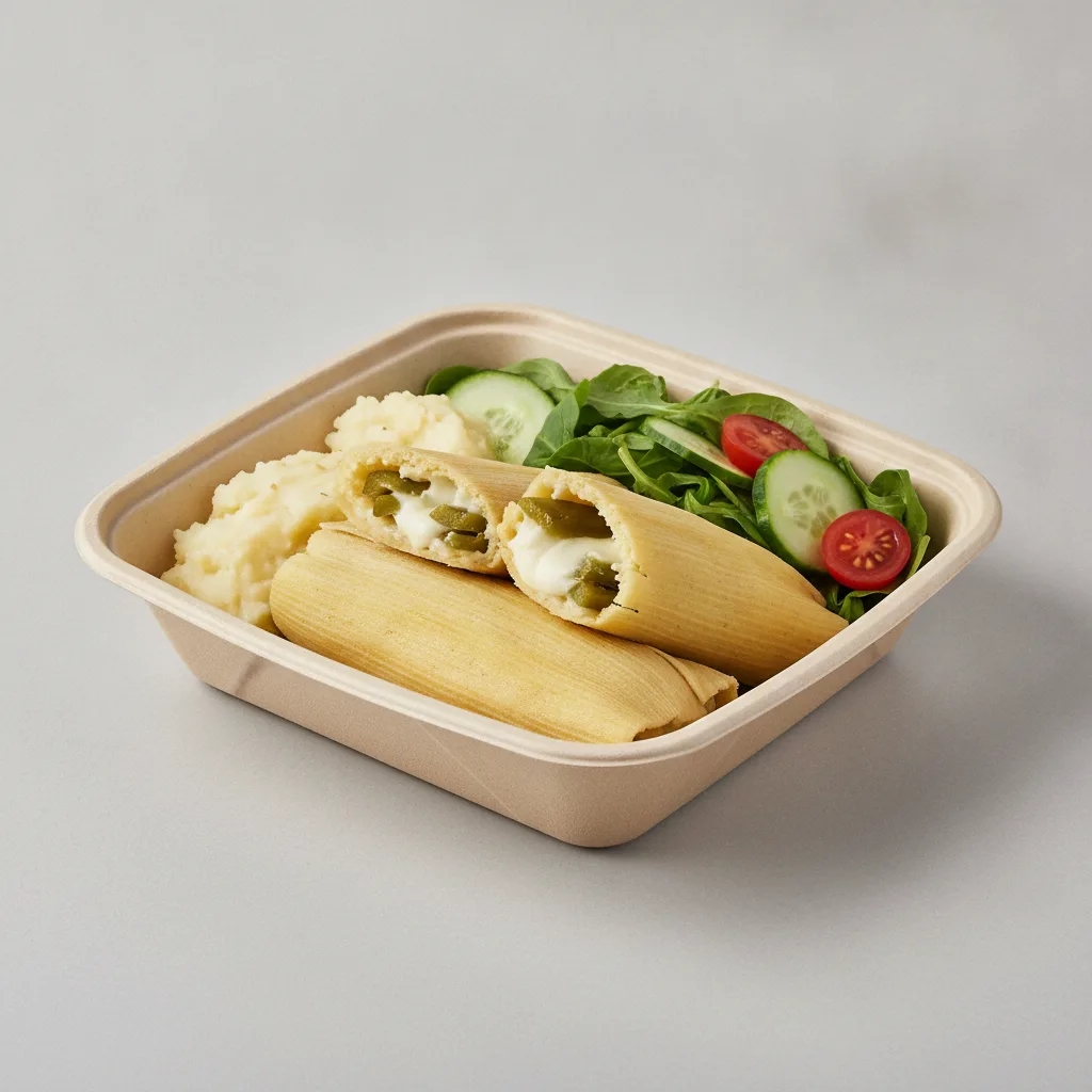 Tamales Box — Cheese w/ Rajas with Mashed Potato / Green Salad Tamales Box — Cheese w/ Rajas with Mashed Potato / Green Salad