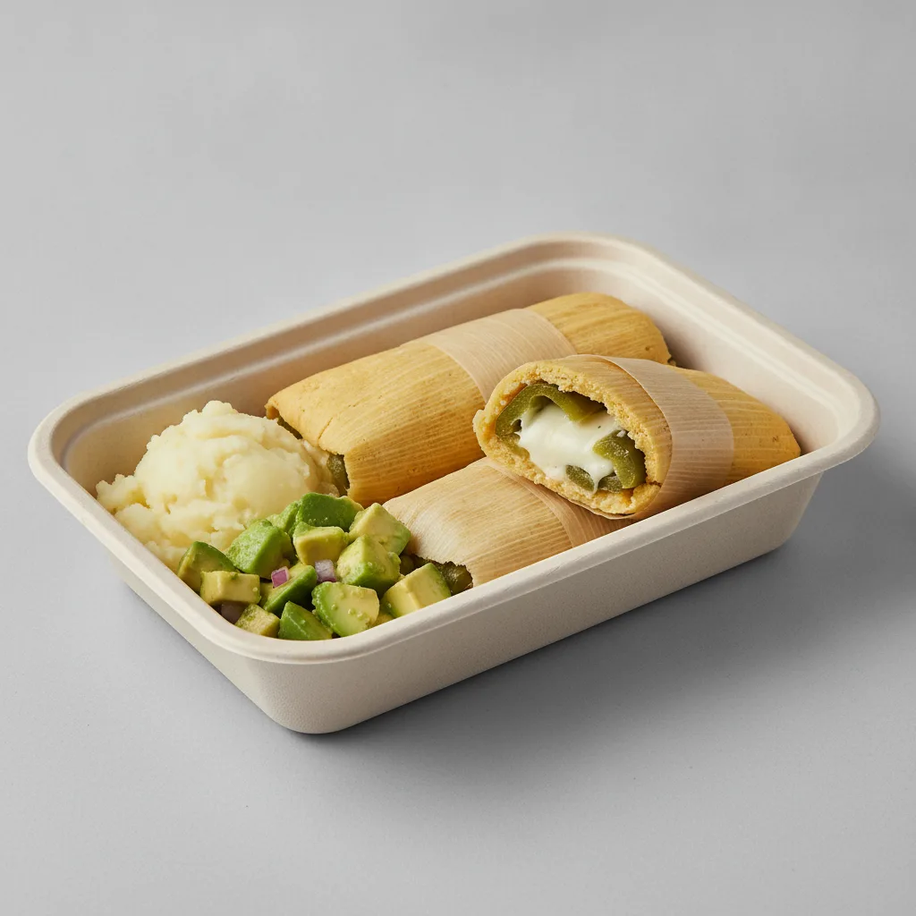 Tamales Box — Cheese w/ Rajas with Mashed Potato / Avocado Salad Tamales Box — Cheese w/ Rajas with Mashed Potato / Avocado Salad
